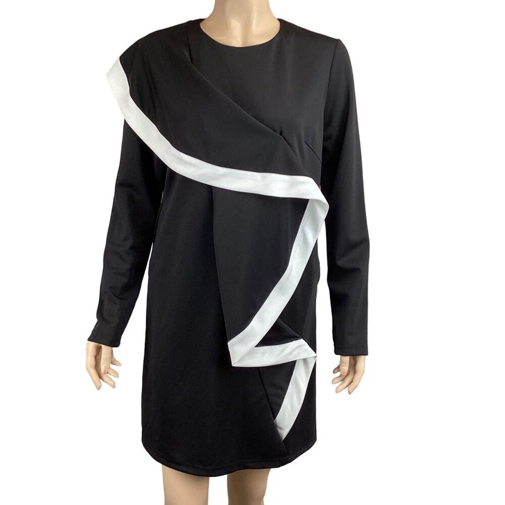 70F/21C Black & White Long Sleeve Dress Asymmetric‎ Size Large NWT Couture